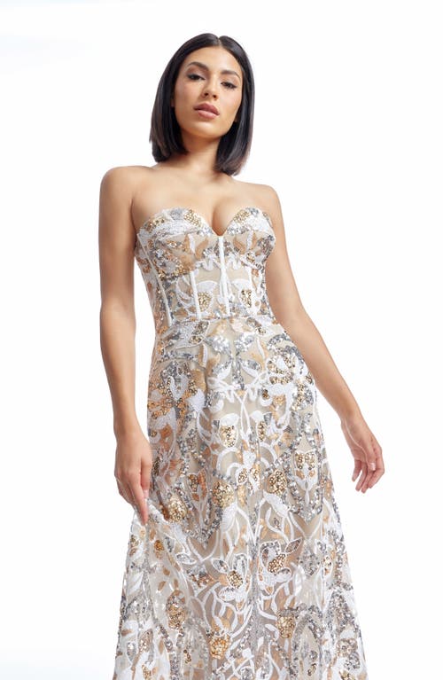 Dress The Population Daven Sequin Mixed Print Strapless Gown In Gold Multi