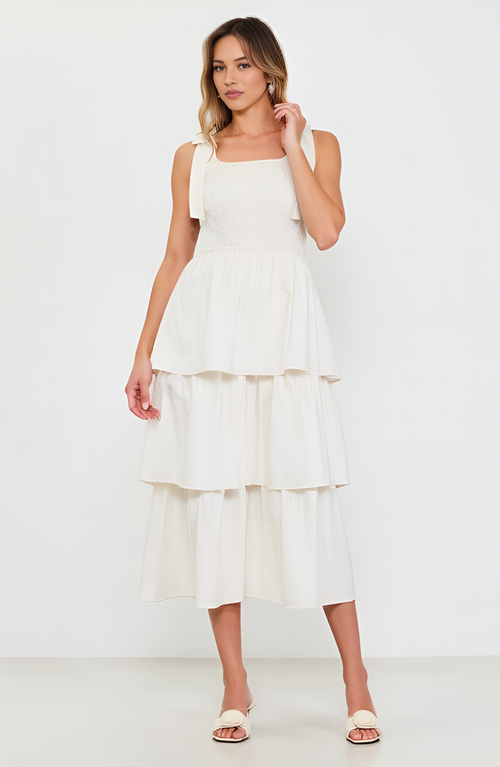 Modenaire Tiered Smocked Midi Dress With Bow-tie Shoulder Straps In White