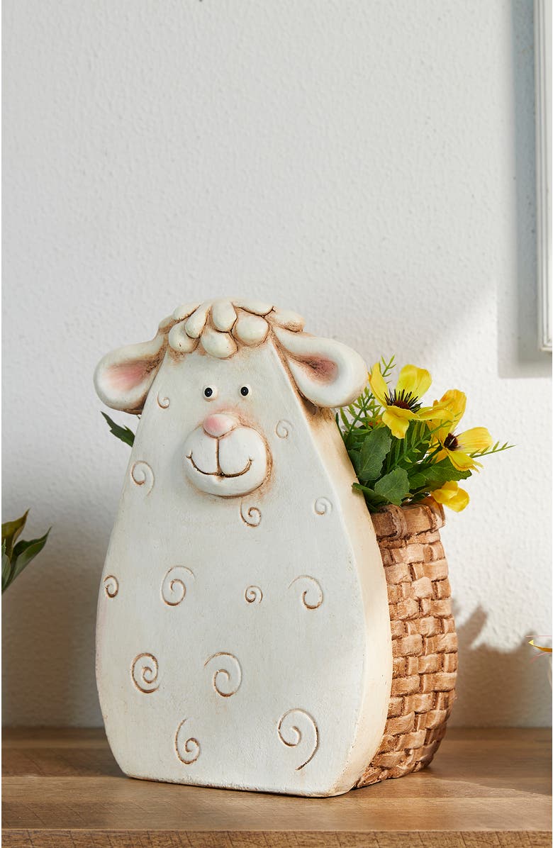 Glitzhome 12.5"H MGO Cute Sheep Statue Planter, Alternate, color, White
