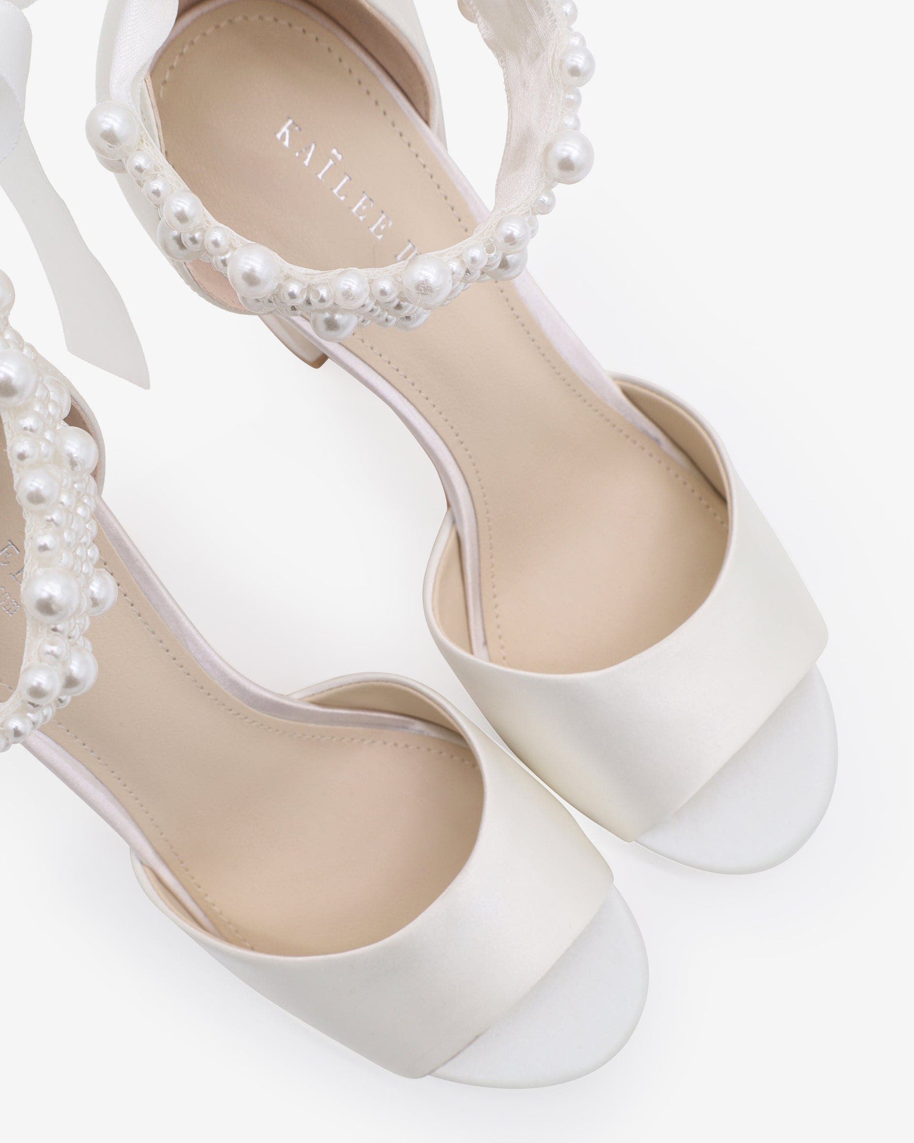 Kailee P Sasha Satin Block Heel Wedding Sandals with Perla Ankle Strap, Alternate, color, White