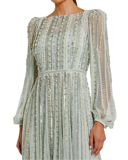 Mac Duggal Boat Neck Long Sleeve Gown With Striped Beading In Mint