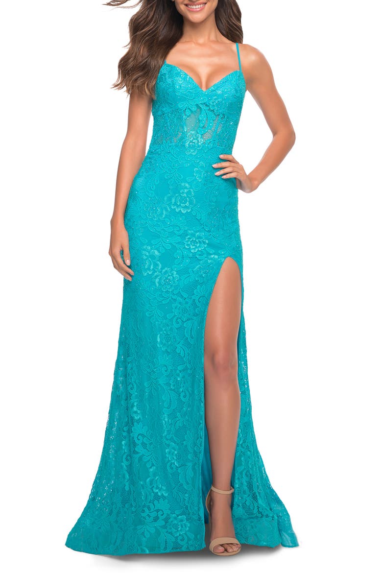 Neon Lace Prom Gown With Sheer Bodice and Tie Up Back, Alternate, color, AQUA