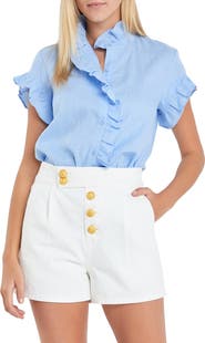 English Factory Ruffle Trim Linen Button-Up Shirt