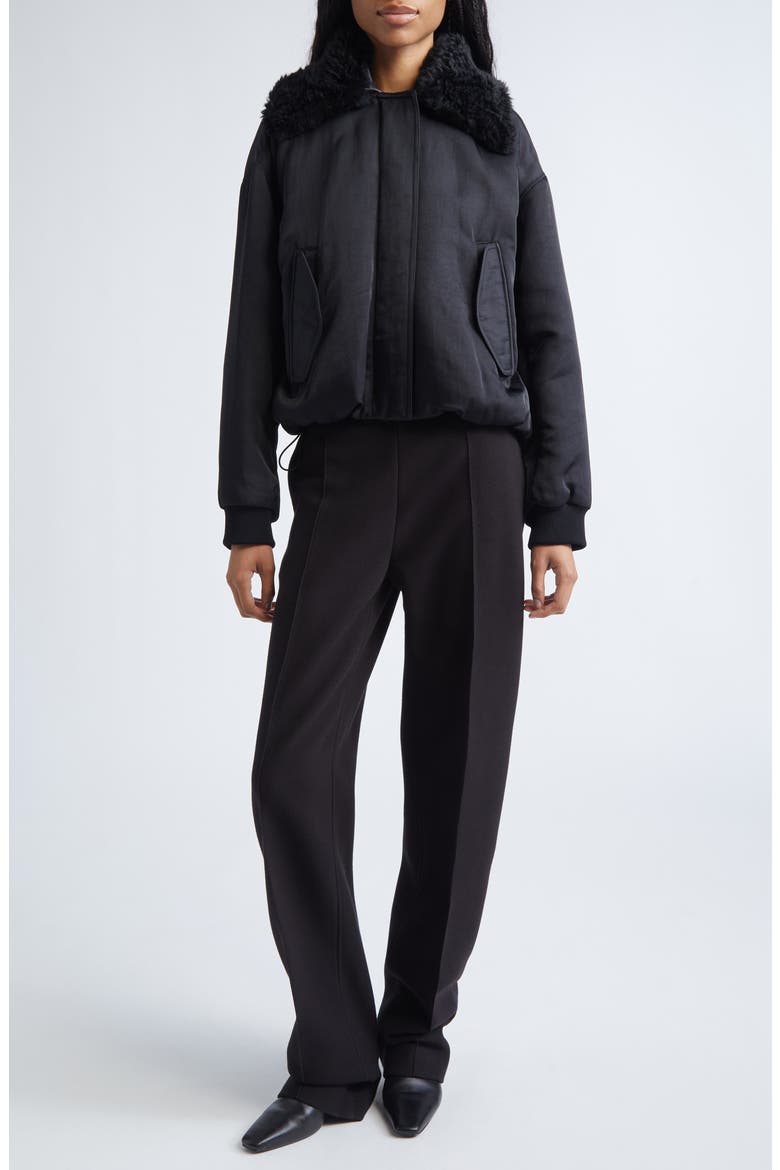 Vadra Recycled Nylon Bomber Jacket With Faux Shearling Collar, Alternate, color, BLACK