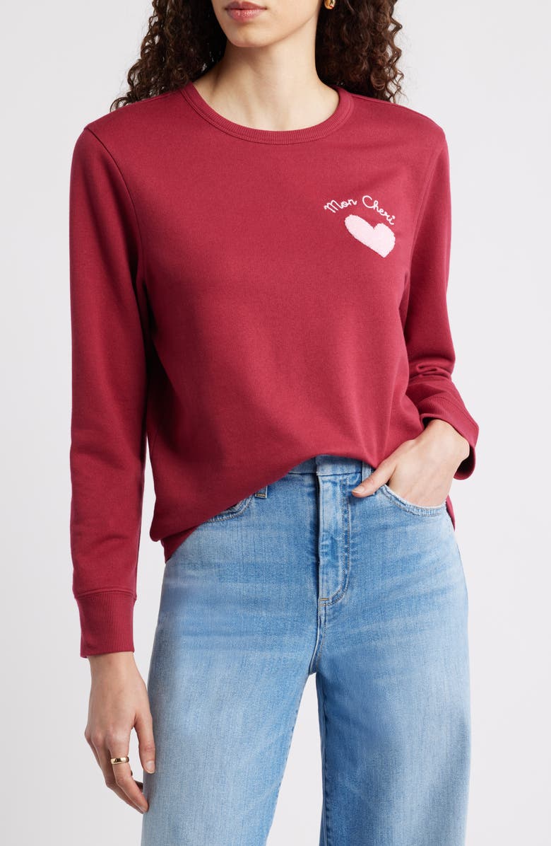 Caslon<sup>®</sup> Mon Cheri Chenille Embroidered Sweatshirt, Main, color, Red Pink Mon Cheri Heart