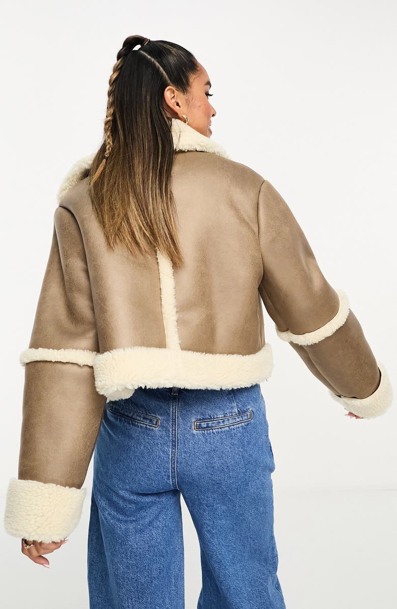 ASOS DESIGN Faux Leather & Faux Shearling Aviator Jacket, Alternate, color, Brown