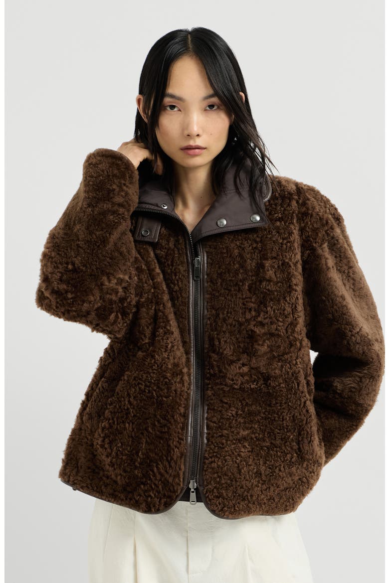 Fuzzy shearling reversible outerwear jacket with monili, Main, color, Brown
