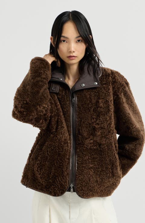 Fuzzy shearling reversible outerwear jacket with monili