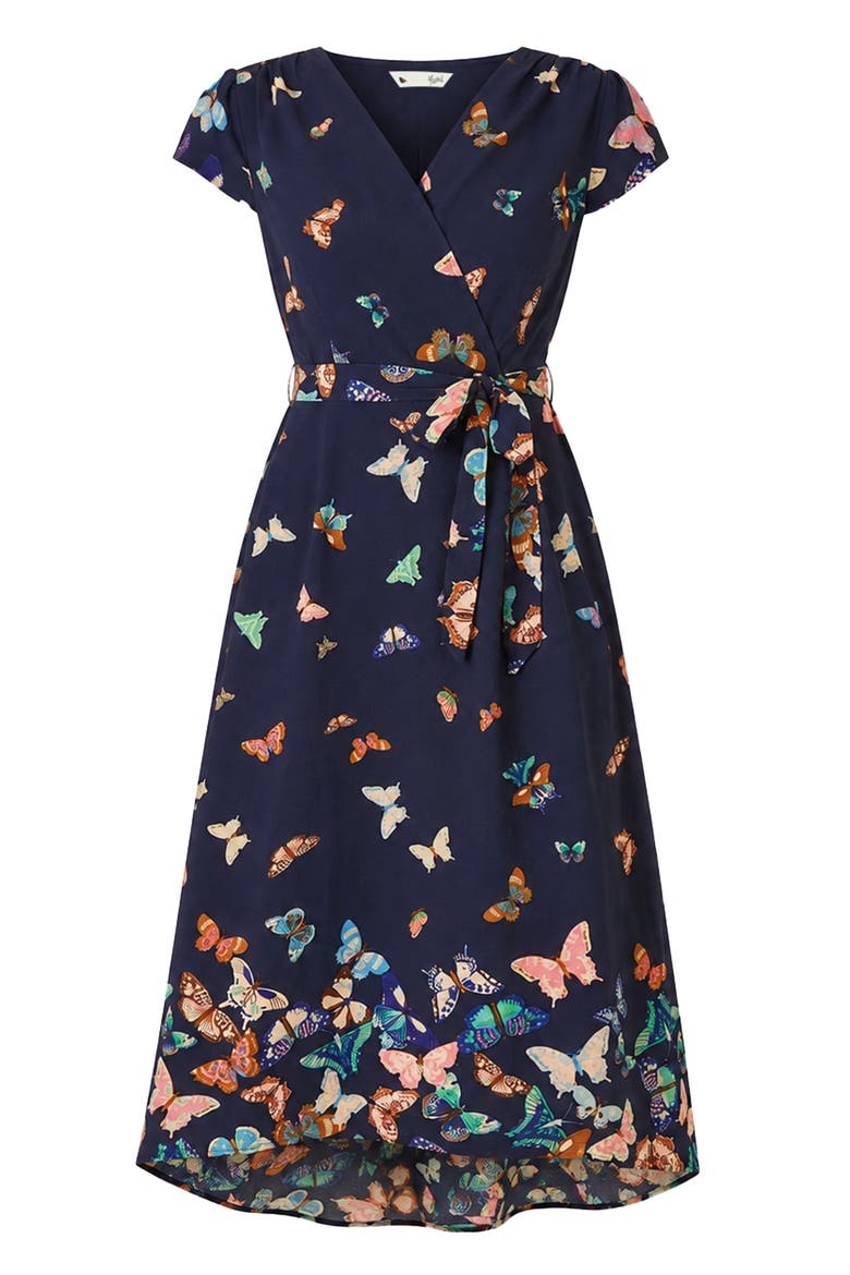 Butterfly Print Dip Hem Midi Wrap Dress, Alternate, color, Navy