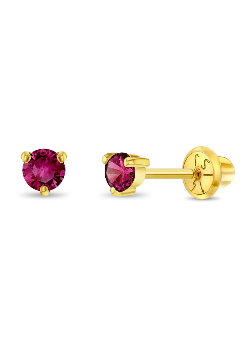 14k Three Pronged Ruby Girl Earrings, Main, color, Hot Pink