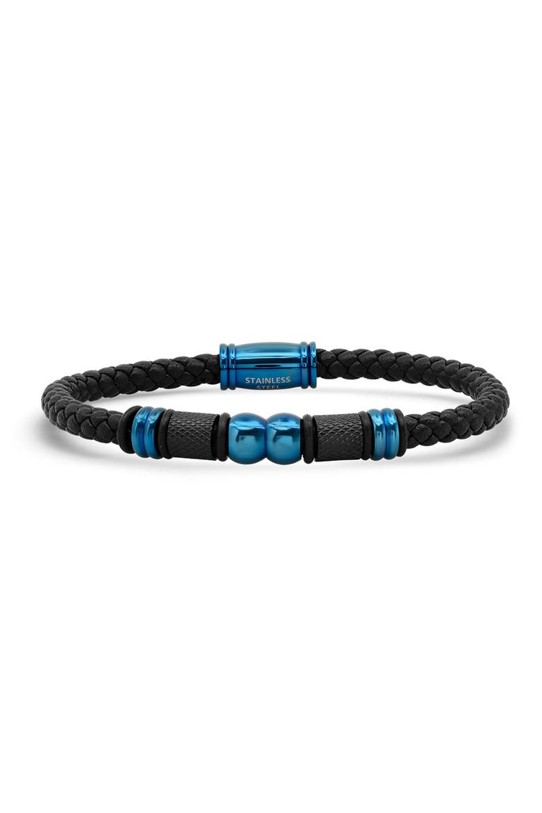 Men's Stainless Steel & Black Braided Leather Bracelet, Main, color, BLACK-BLUE
