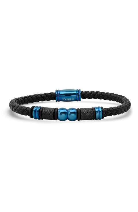 Men's Stainless Steel & Black Braided Leather Bracelet