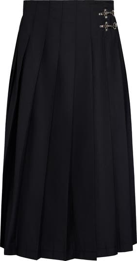 【mnem】LEMAN Pleated Midi Skirt High Waist A Line Pleated Midi Skirt, Women's Navy Blue