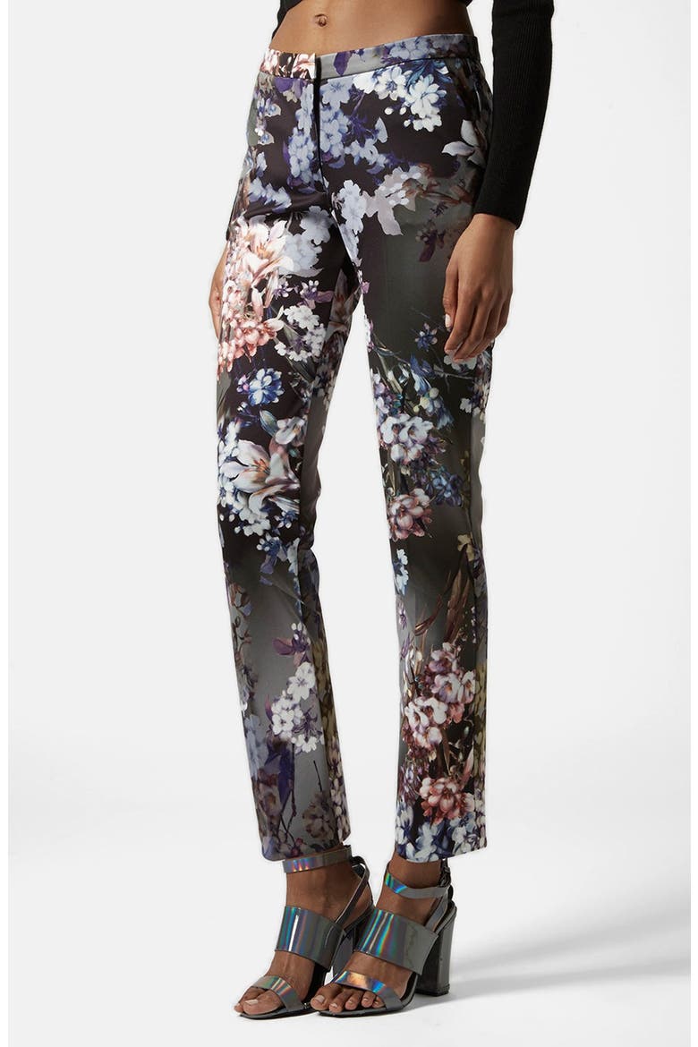 Floral Print Cigarette Trousers, Main, color, BLACK MULTI