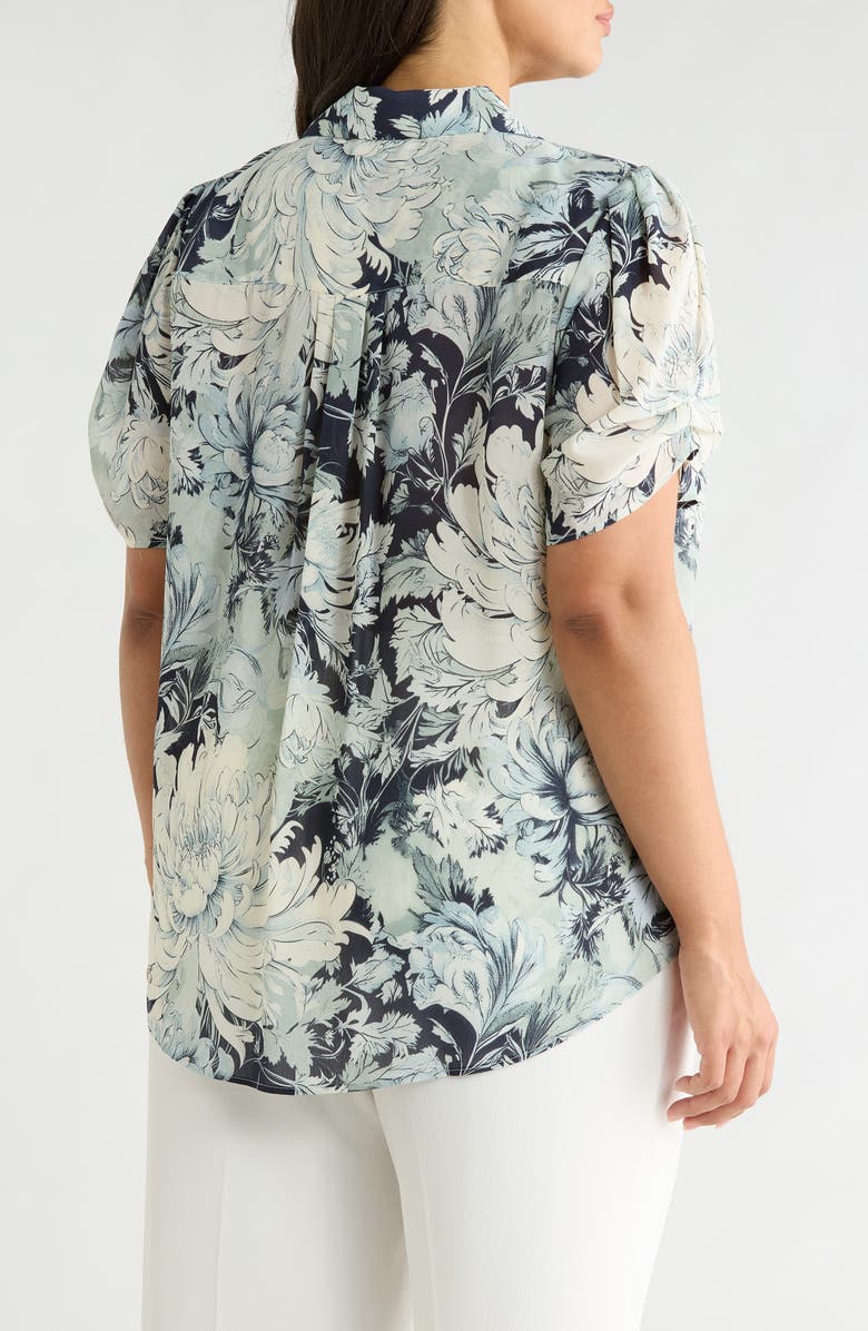 Adrianna Papell Scrunched Short Sleeve Button-Up Shirt, Alternate, color, Soft Cloud Vintage Floral