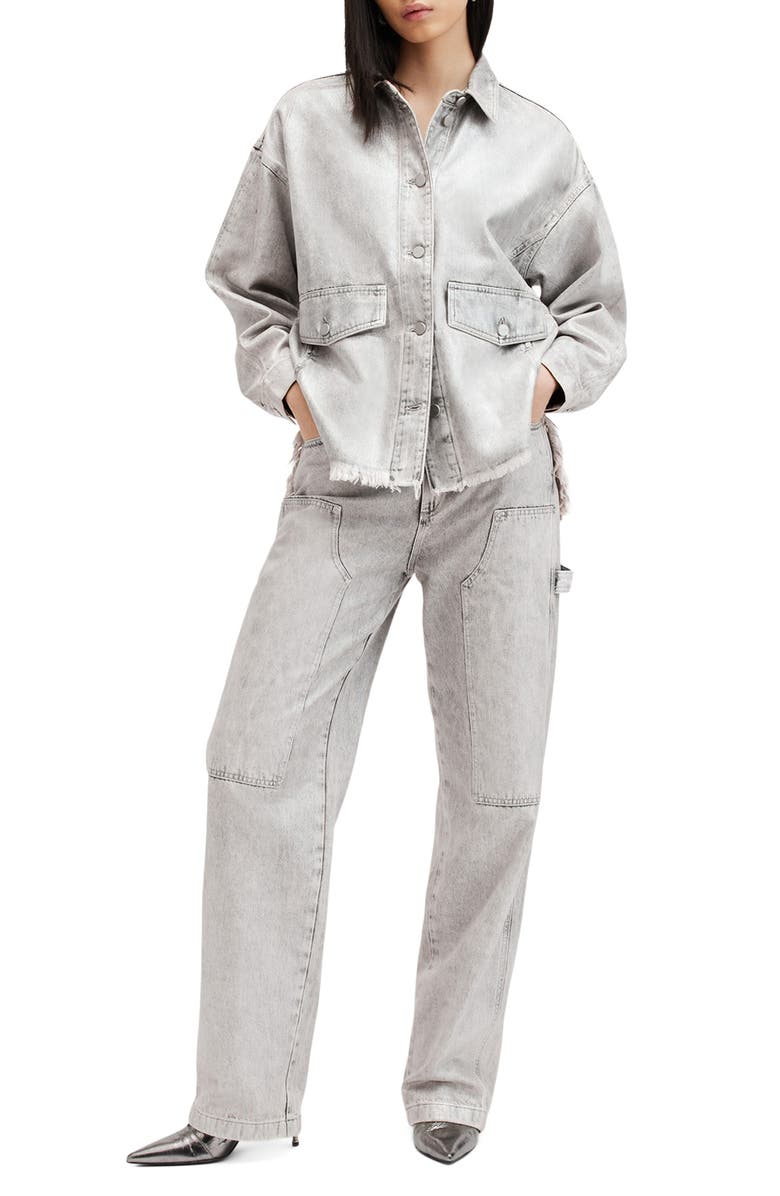 AllSaints Hettie Raw Hem Denim Shacket, Alternate, color, Coated Silver