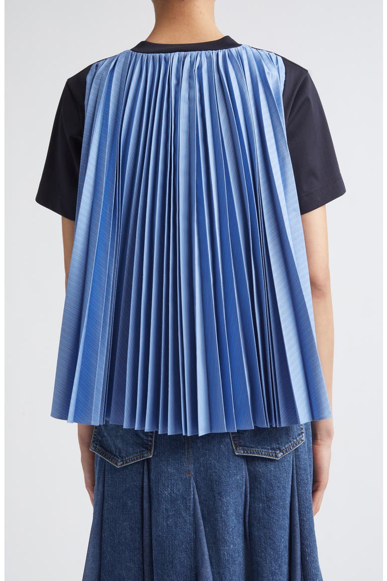 Mixed Media Pleated Poplin & Jersey Pocket T-Shirt, Alternate, color, NAVY/ BLUE STRIPE