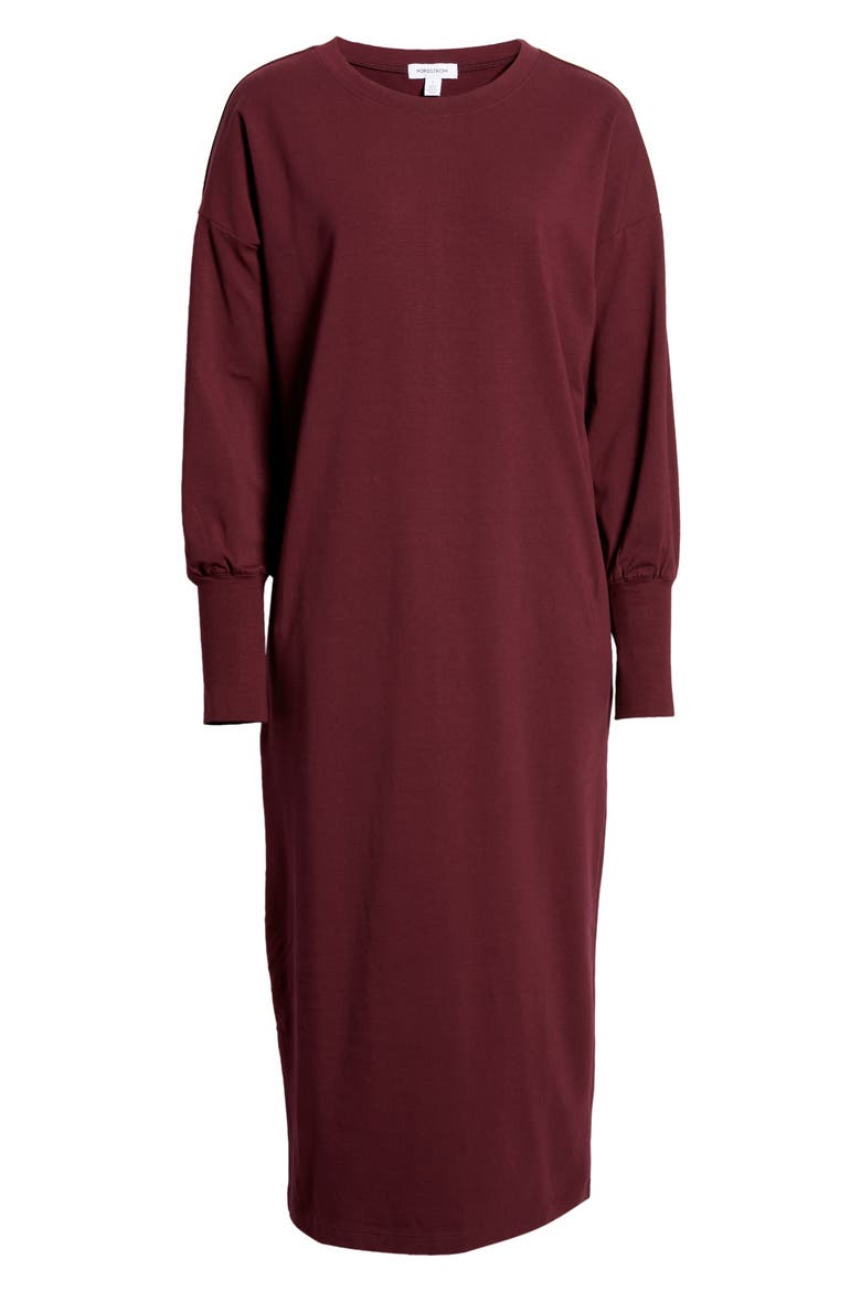 Dolman Long Sleeve Stretch Cotton Midi Dress, Alternate, color, BURGUNDY STEM