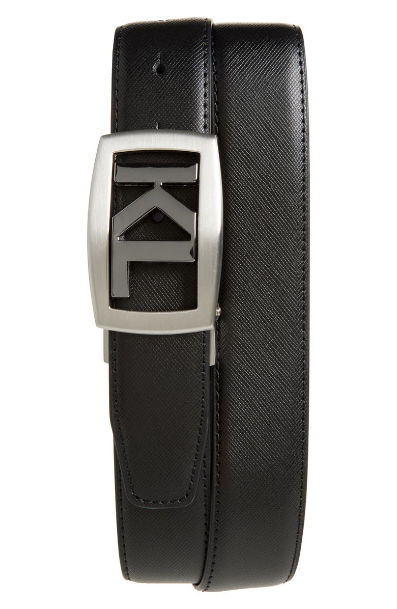 KARL LAGERFELD PARIS KL Logo Buckle Leather Belt, Main, color, Black