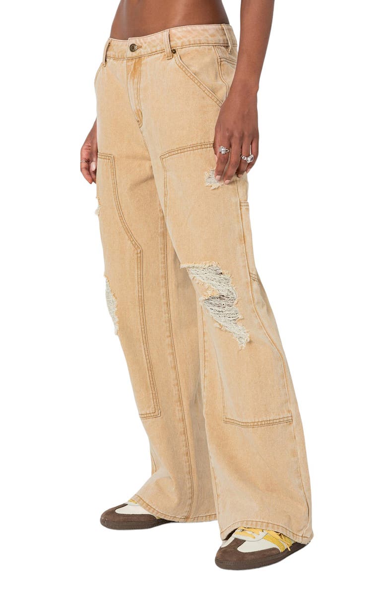 EDIKTED Alibi Distressed Low Rise Wide Leg Carpenter Jeans, Alternate, color, Beige