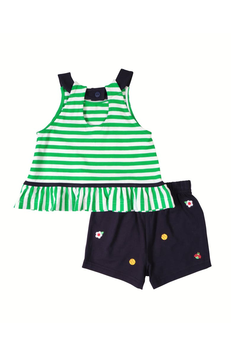 Florence Eiseman Knit Short Set With Softballs, Flowers, Ladybug, Alternate, color, Green/Navy