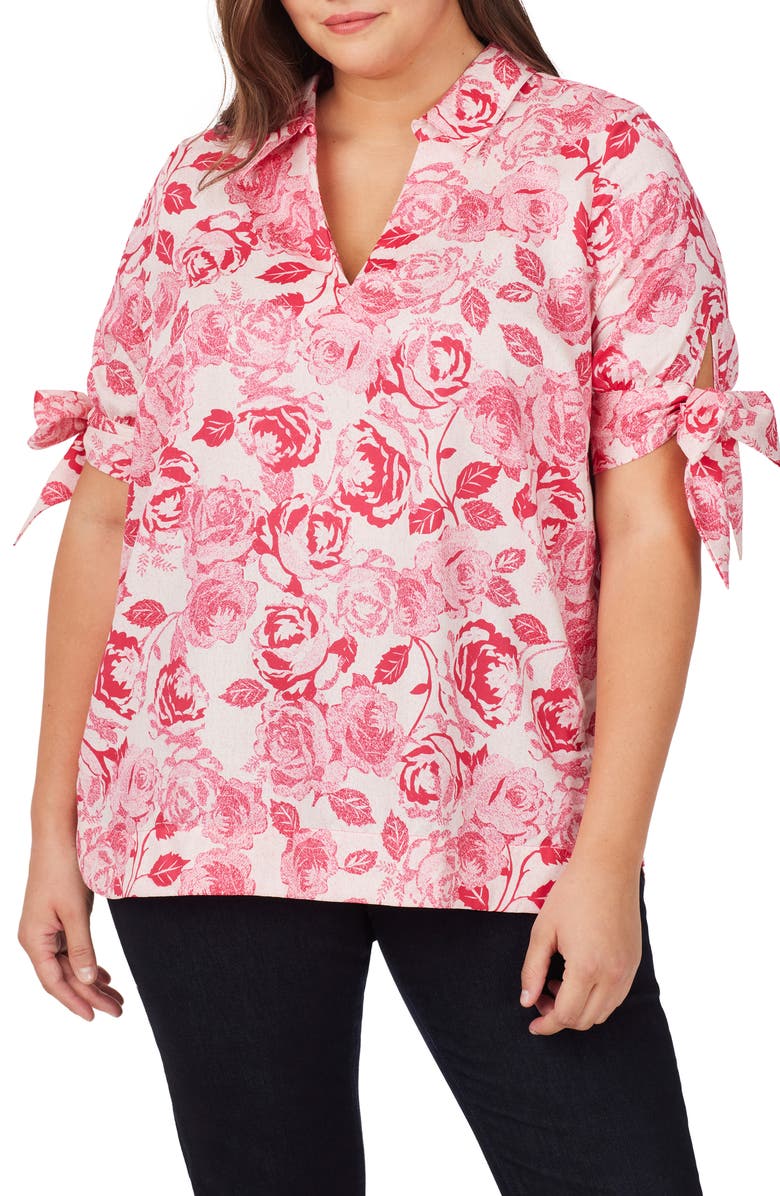 Foxcroft Emma Vintage Rose Bow Sleeve Cotton Tunic Blouse, Main, color, 