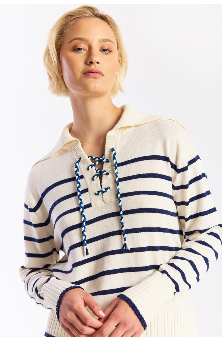 WISPR Stripe Lace Up Collared Knit Sweater, Alternate, color, Cream/Navy, Tangerine