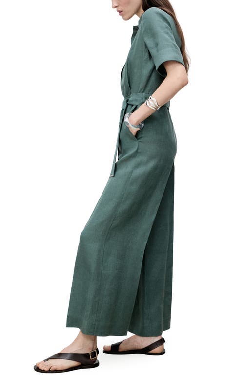 Mango Short Sleeve Linen Jumpsuit In Forest Green