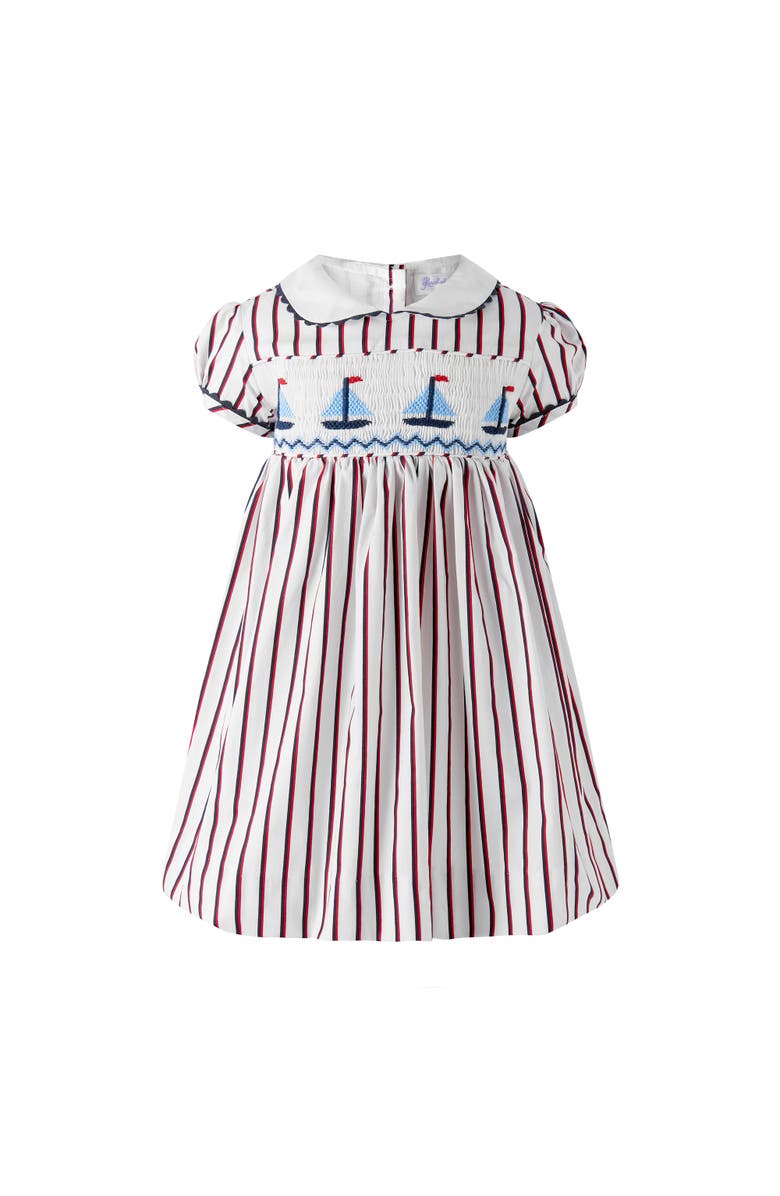 Rachel Riley Sailboat Smocked Stripe Dress and Bloomers, Main, color, Ivory