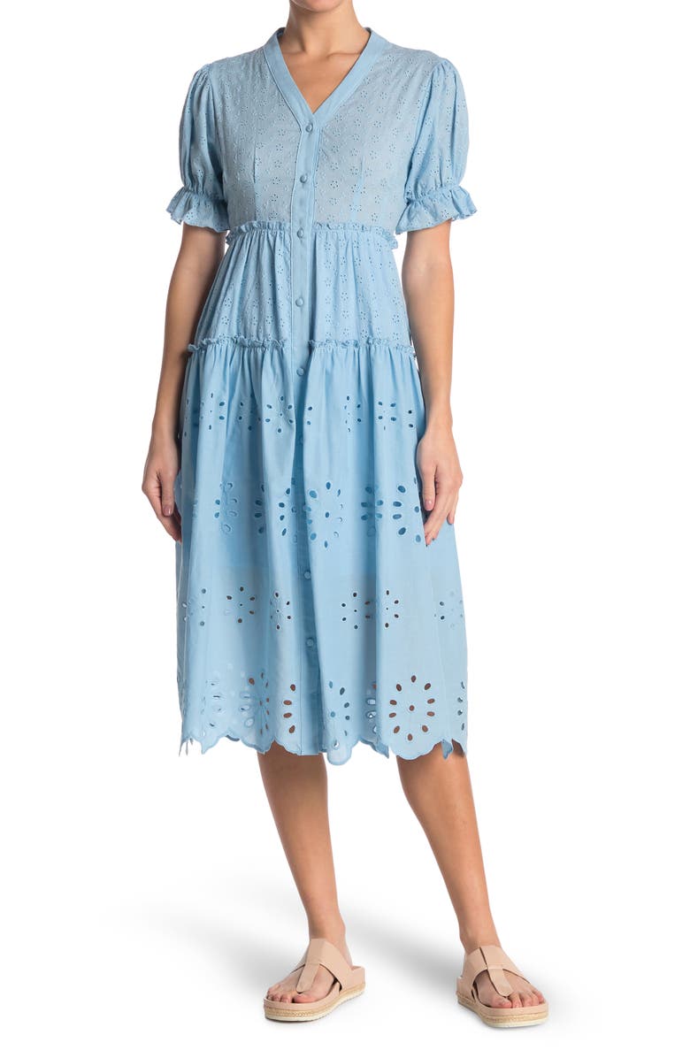 MELLODAY Short Sleeve Button Front Eyelet Midi Dress, Main, color,