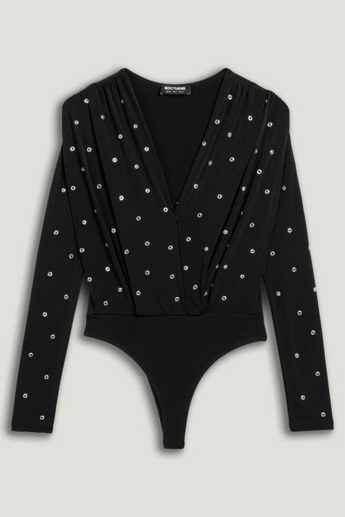 Nocturne Embellished V-neck Long-sleeve Bodysuit In Black