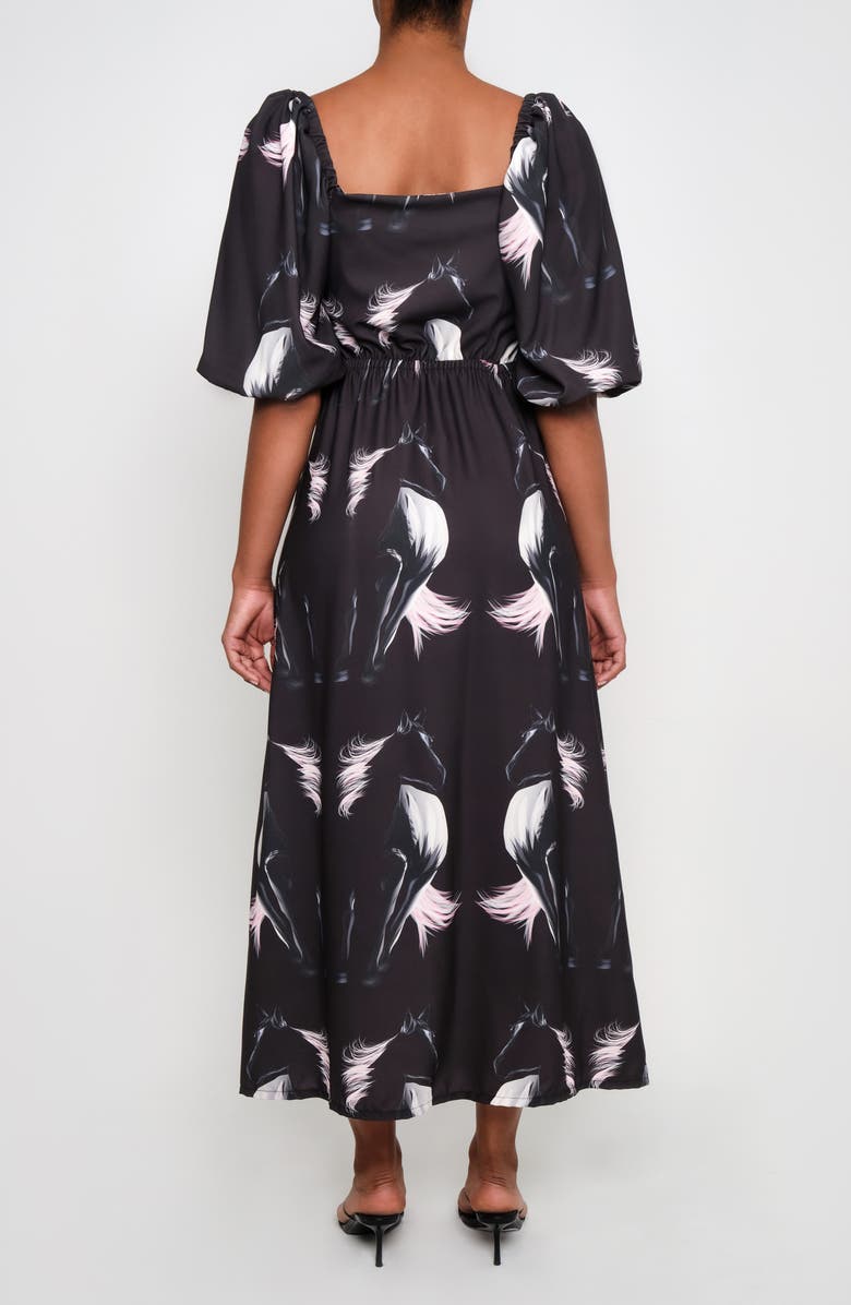 The Lulo Project Sol Horse Print Puff Sleeve Crepe Maxi Dress, Alternate, color, Black Horses
