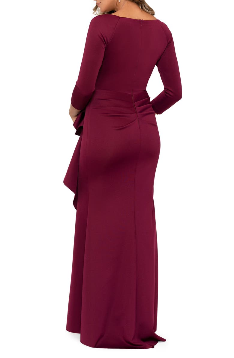 Xscape Evenings Ruched Scuba Knit Ruffle Gown, Alternate, color, Wine
