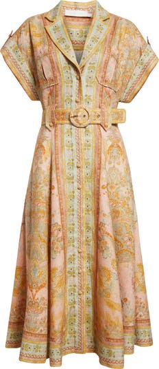Zimmermann Acacia Floral Stripe Belted Linen Midi Shirtdress