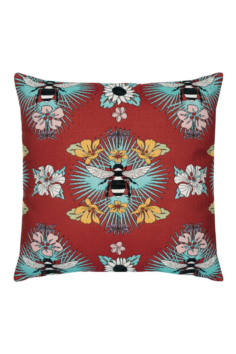 Tropical Bee Jacquard Chenille accented Indoor & Outdoor Woven Accent Pillow, Main, color, Red