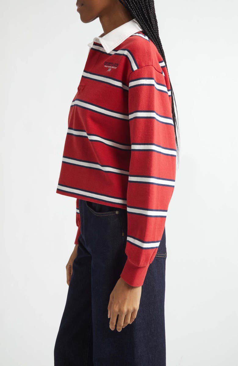 Sporty & Rich Nautical Embroidered Stripe Crop Rugby Polo, Alternate, color, Ruby/ Dark Navy/ White