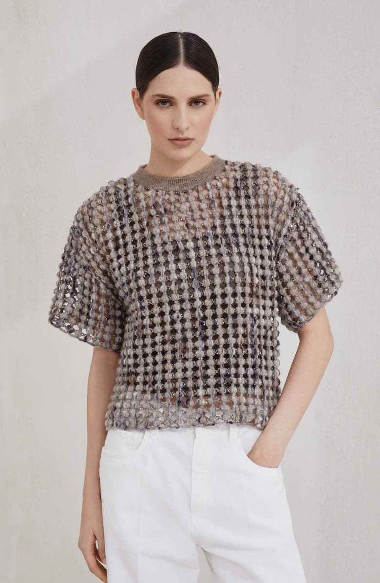 Brunello Cucinelli Balloon net knit T-shirt, Alternate, color, Camel