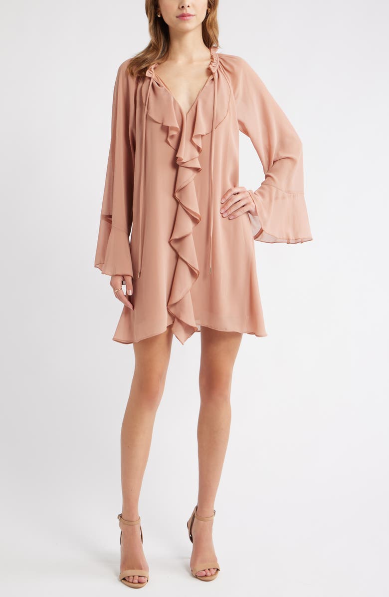 Open Edit Ruffle Chiffon Shift Dress, Main, color, Tan Cork