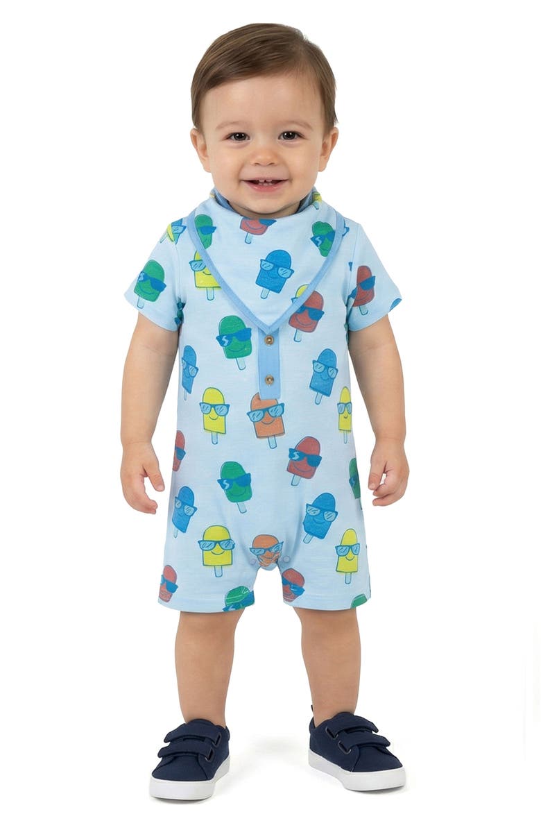 Andy & Evan Print Romper & Bib Set, Alternate, color, Blue Ice Pop