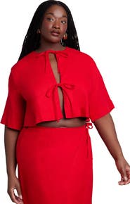 ELOQUII Relaxed Tie Front Linen Top