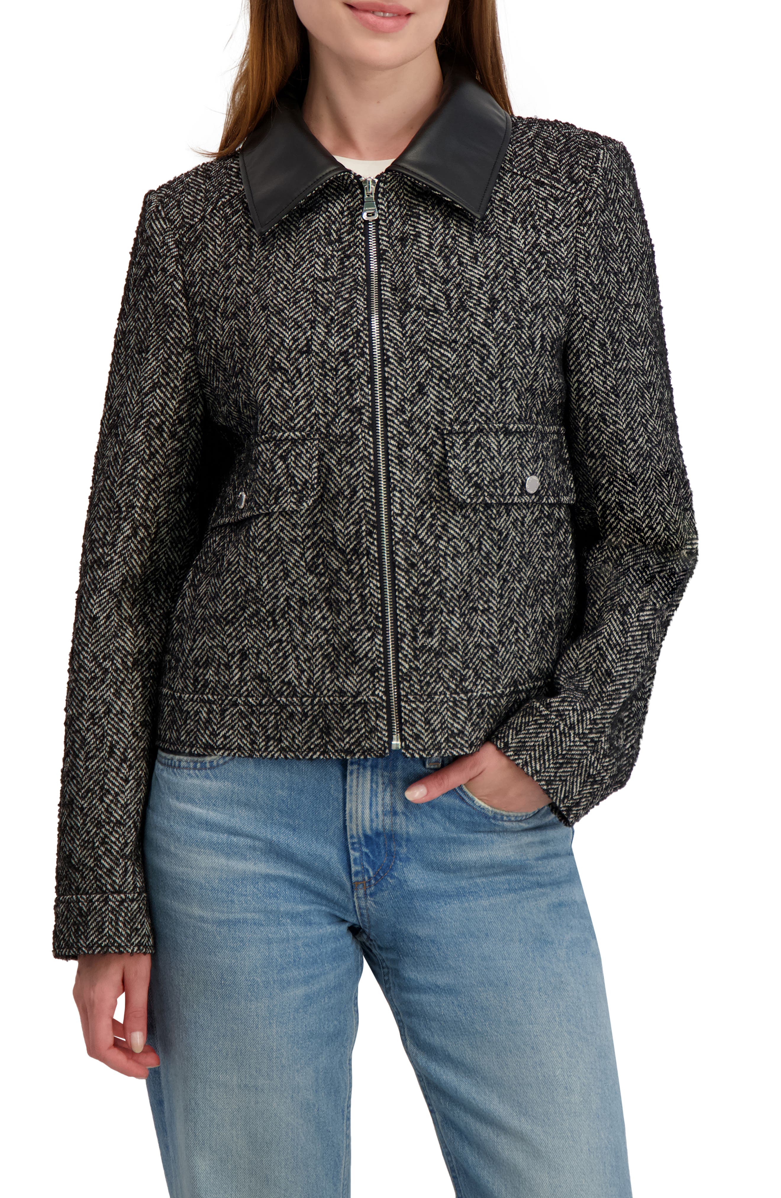 Laundry by Shelli Segal Herringbone Faux Leather Collar Jacket