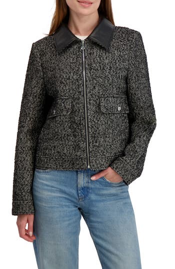 Laundry By Shelli Segal Herringbone Faux Leather Collar Jacket In Black