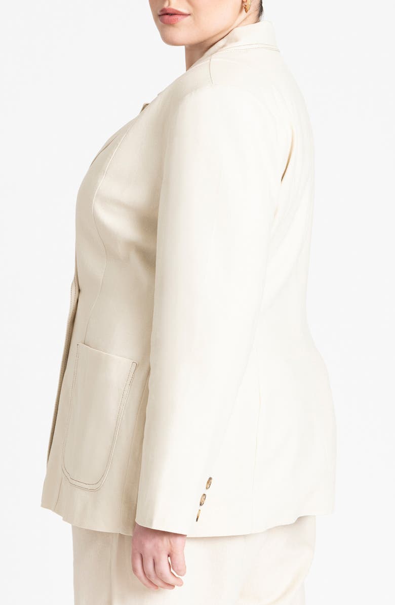 ELOQUII Topstitch Detail Double Breasted Linen Blend Blazer, Alternate, color, 