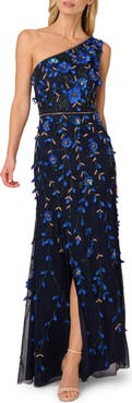 Adrianna Papell 3D Floral Beaded One-Shoulder A-Line Gown