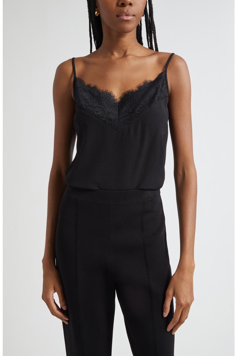 Lace Trim Silk Crepe Camisole, Main, color, BLACK