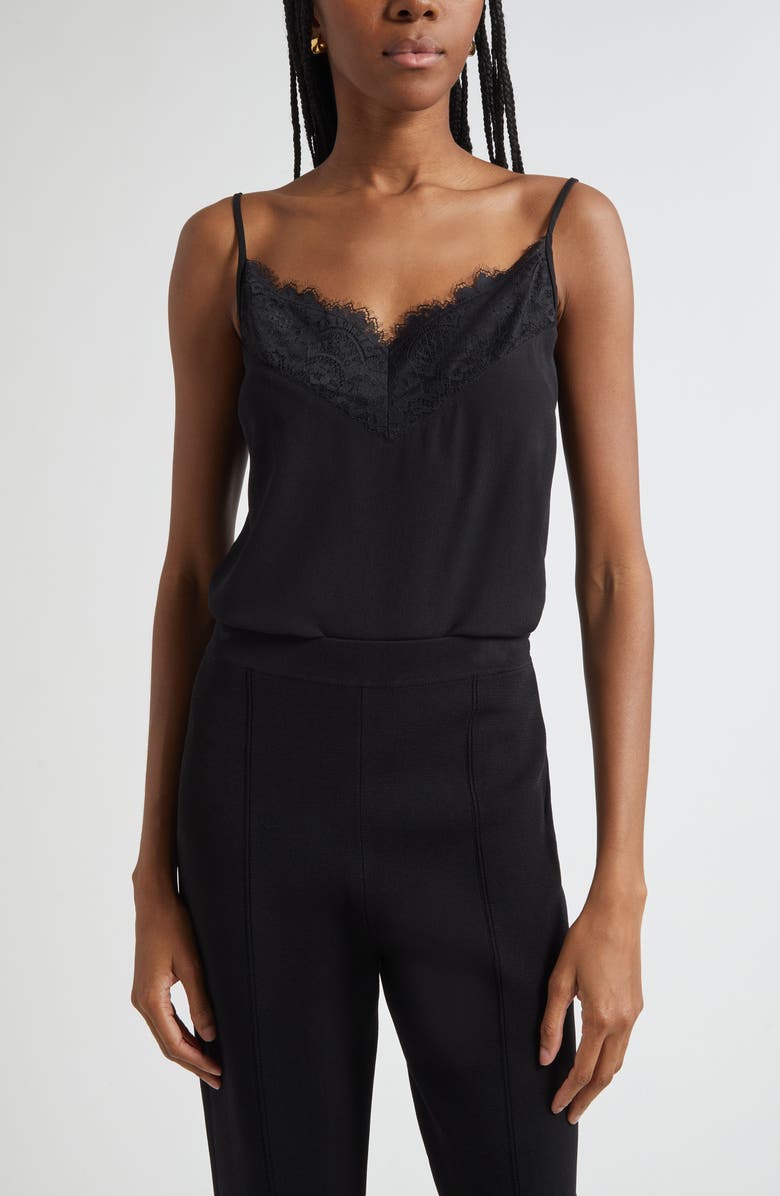 ST. JOHN Lace Trim Silk Crepe Camisole, Main, color, Black