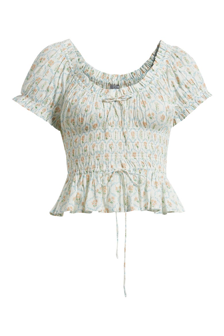 Serena Ditsy Floral Shirred Peplum Top, Alternate, color, PEACH PEONY