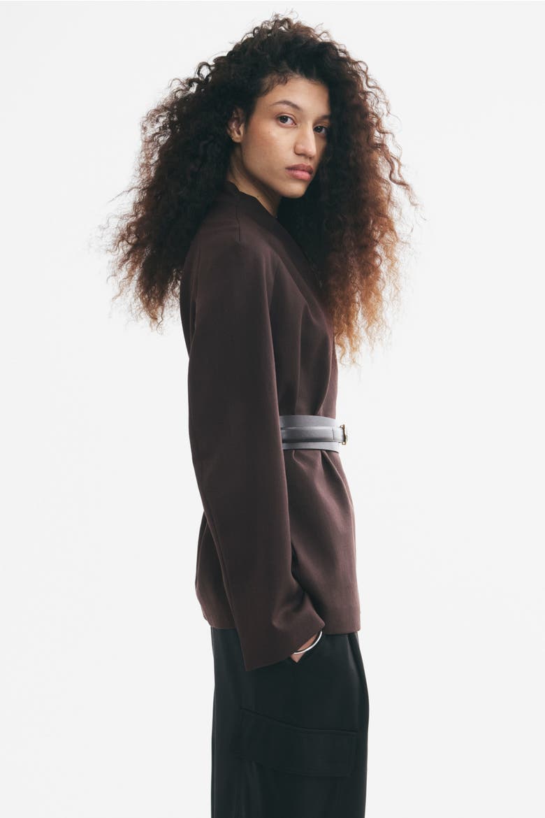 Belted Lapelless Jacket, Alternate, color, Dark brown