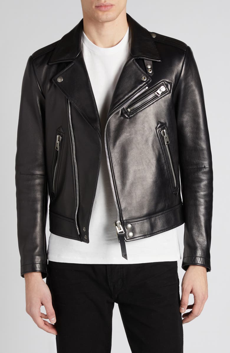 TOM FORD Quilted Lining Lambskin Leather Biker Jacket, Main, color, Lb999 Black