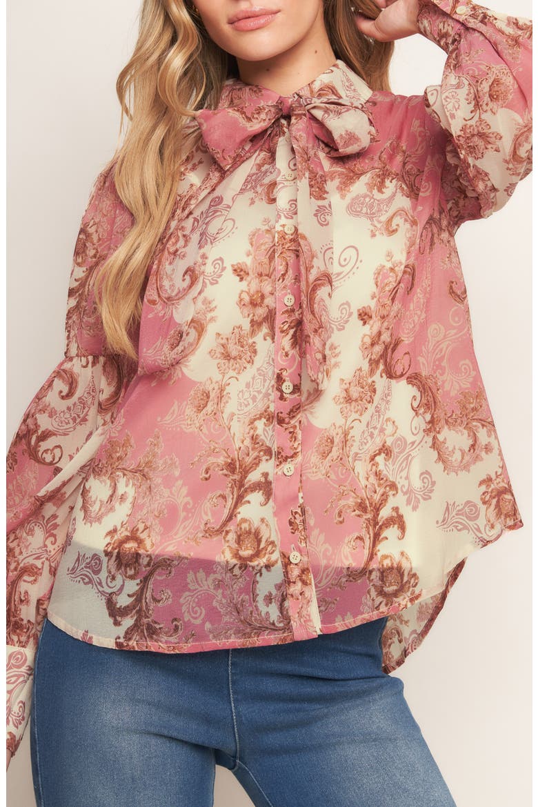 Floral Tie Neck Long Sleeve Button-Up Shirt, Alternate, color, IVORY PINK